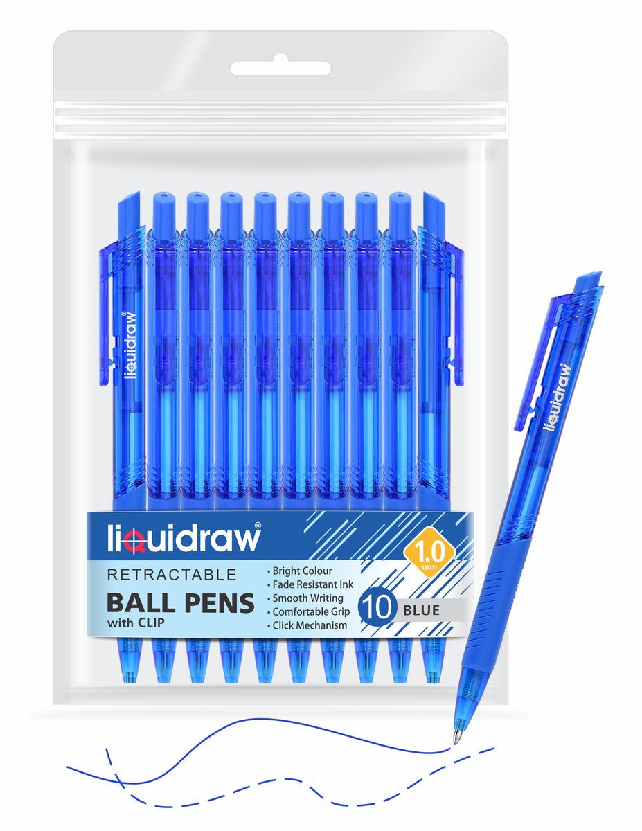 Liquidraw Ballpoint Blue Pens Set Of 10 Retractable Blue Ball Pens Med