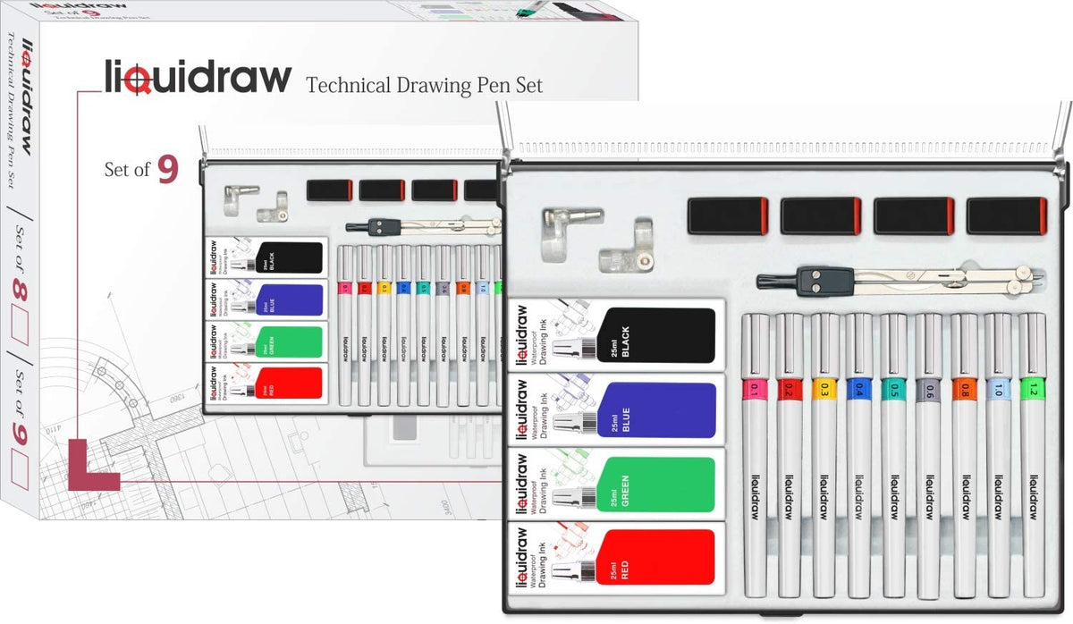 Liquidraw Technical Drawing Pen Set of 9 for Artists, College Set with