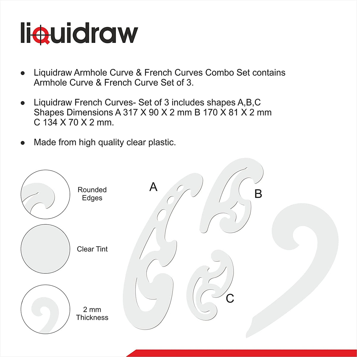Liquidraw French Curve Set of 4 Rulers Clear Technical Drawing Stencil