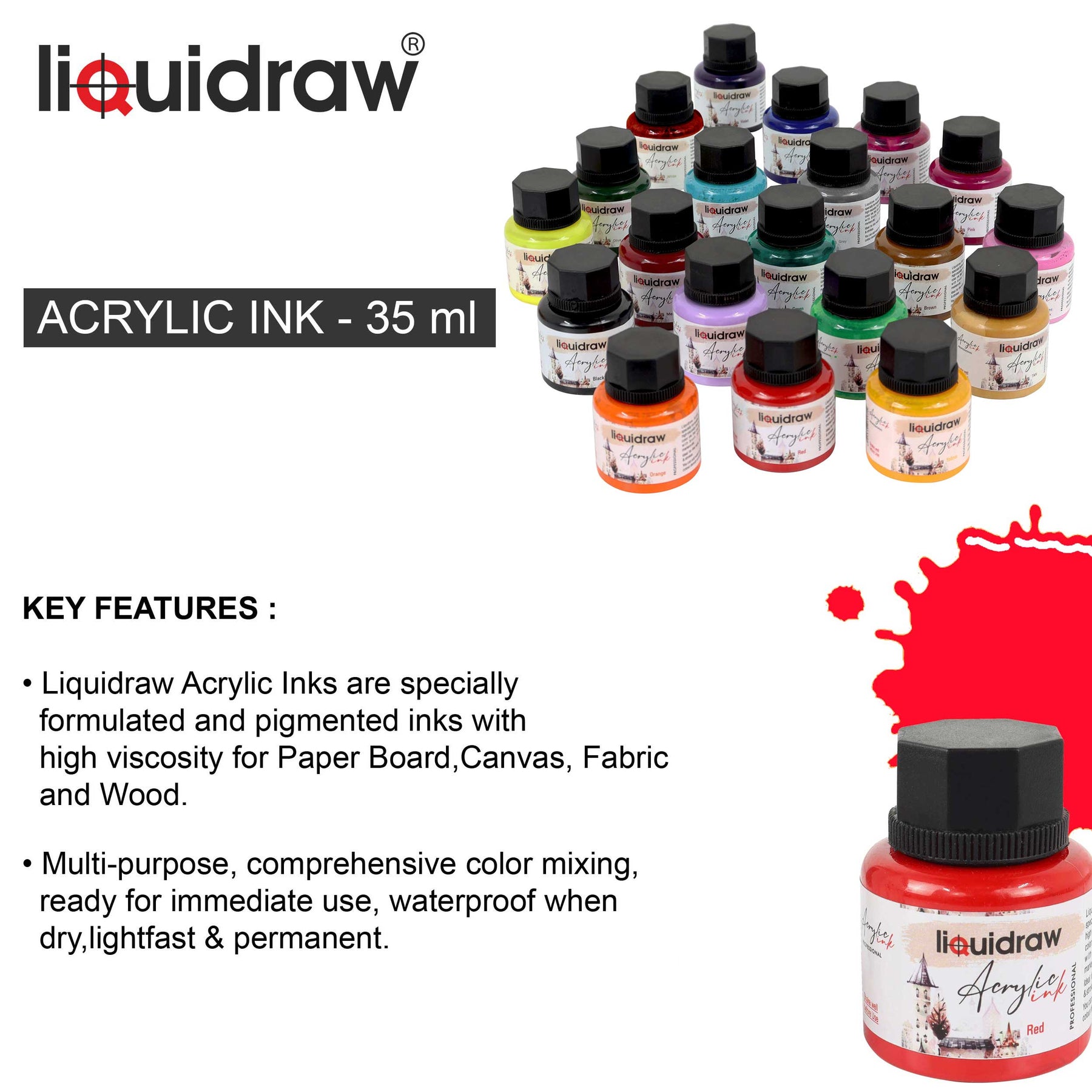 Liquidraw Acrylic Inks for Artists Set of 20 Waterproof Ink Set 35ml