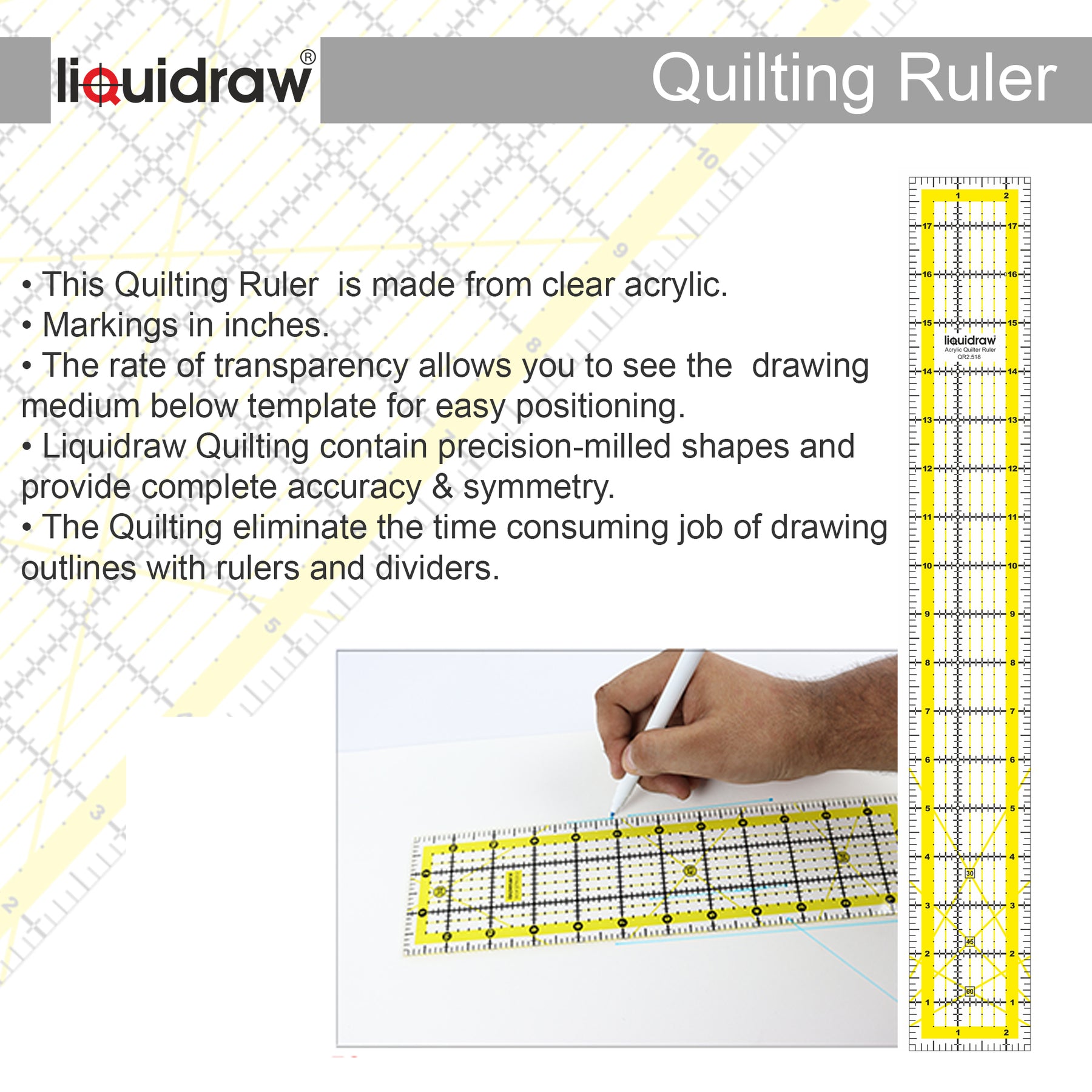 Liquidraw Quilting Ruler 2.5 x 18 Acrylic Imperial Patchwork Rectang