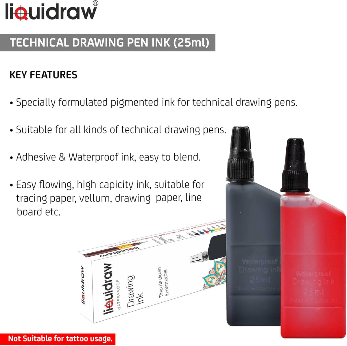 Liquidraw Technical Pen Ink - 10 x 25 ml | Assorted Colours | Waterpro