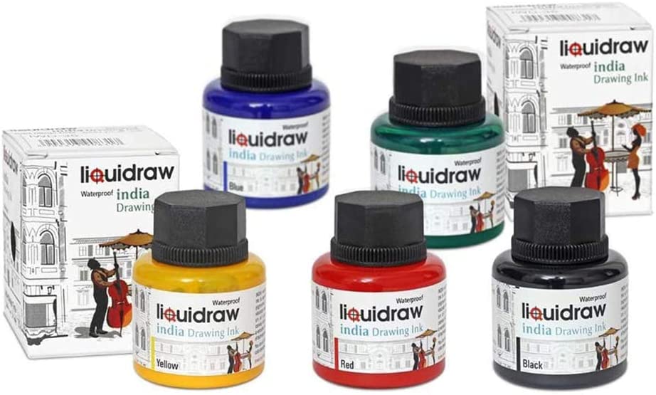 Liquidraw Coloured Drawing Ink Set India Ink, Waterproof, Set of 5 Ass