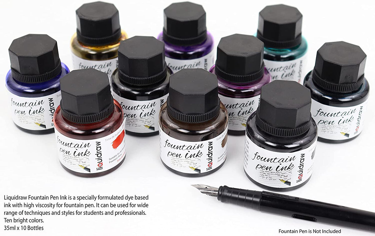 Liquidraw Fountain Pen Ink Bottles Set of 10 Assorted Colours 35ml Ink