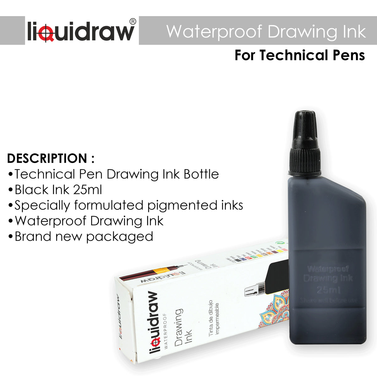 Technical Pen Waterproof Drawing Ink Black 25ml (Compatible with Rotri ...